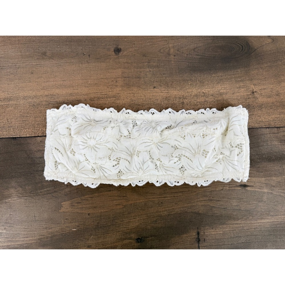 Aerie Real Power Strapless Lace Bandeau Bra Ivory 36C Underwire Scalloped Trim